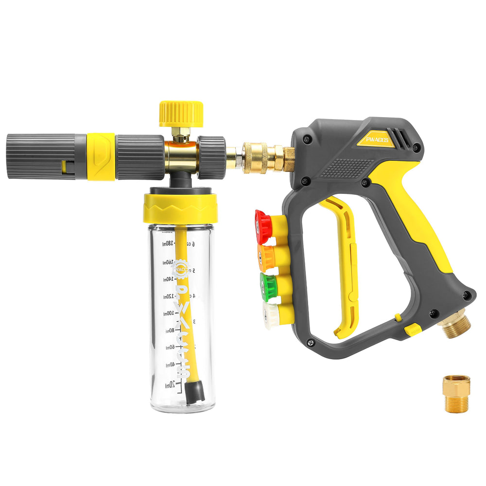 PWACCS foam cannon in outdoor wash scene showing portable cleaning advantage