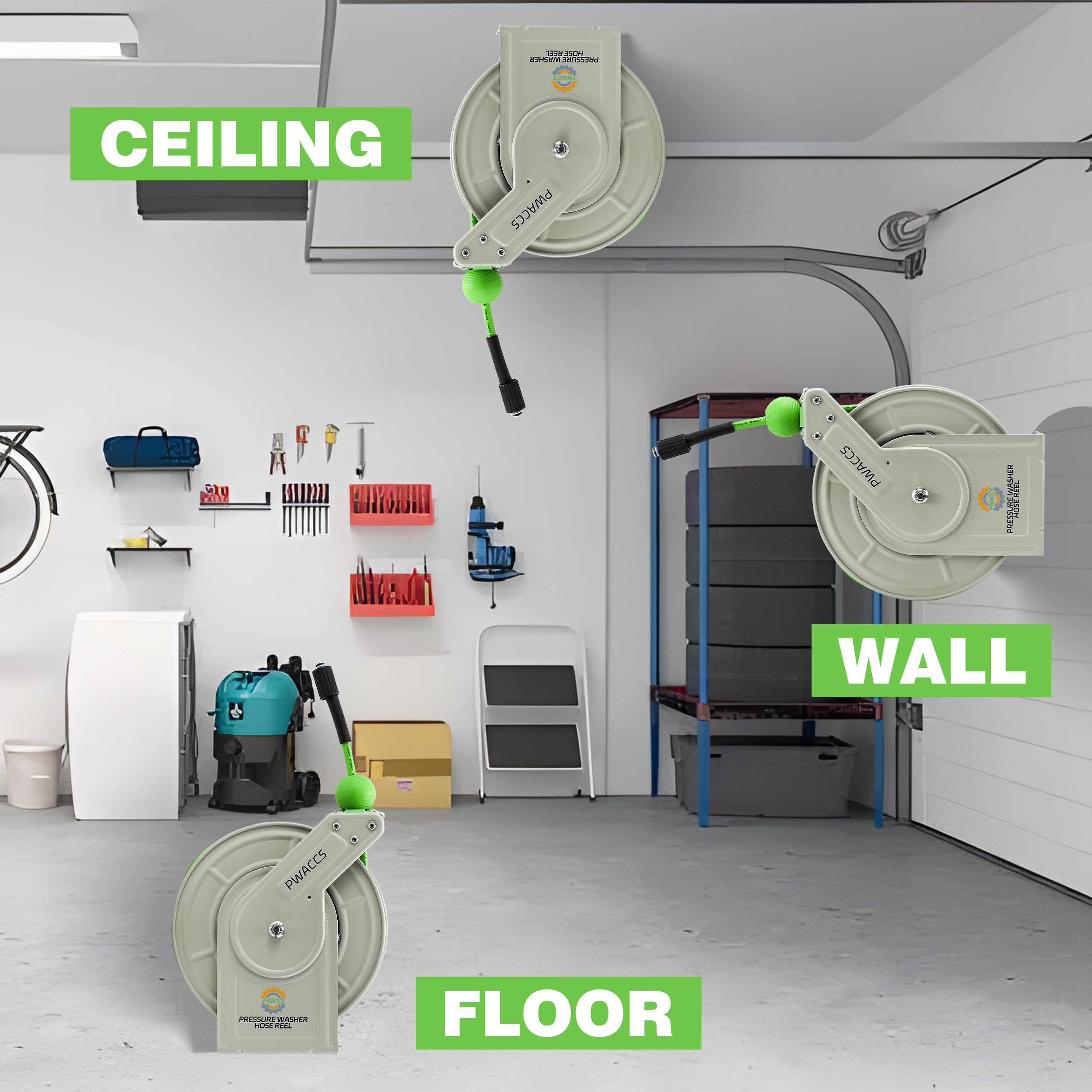 PWACCS installed in garage showing tidy storage and protected hose