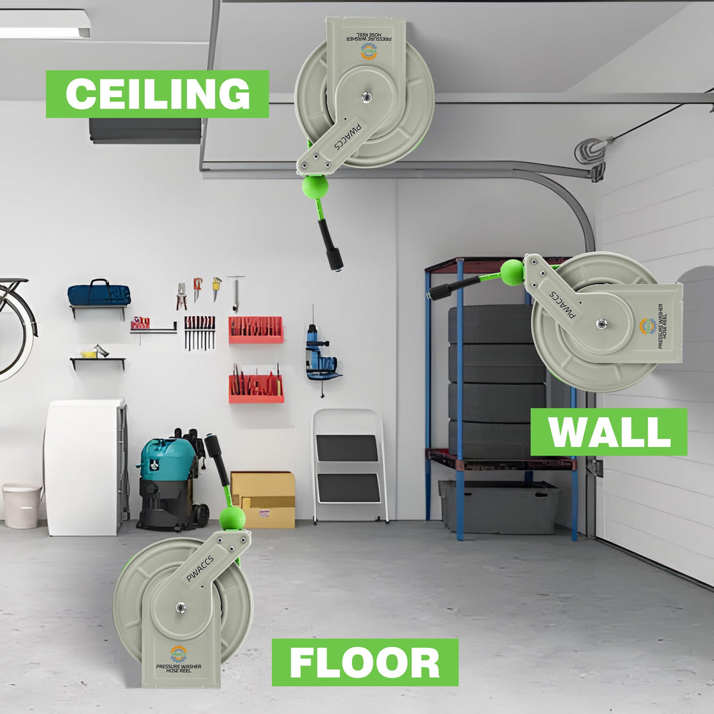 PWACCS installed in garage showing tidy storage and protected hose