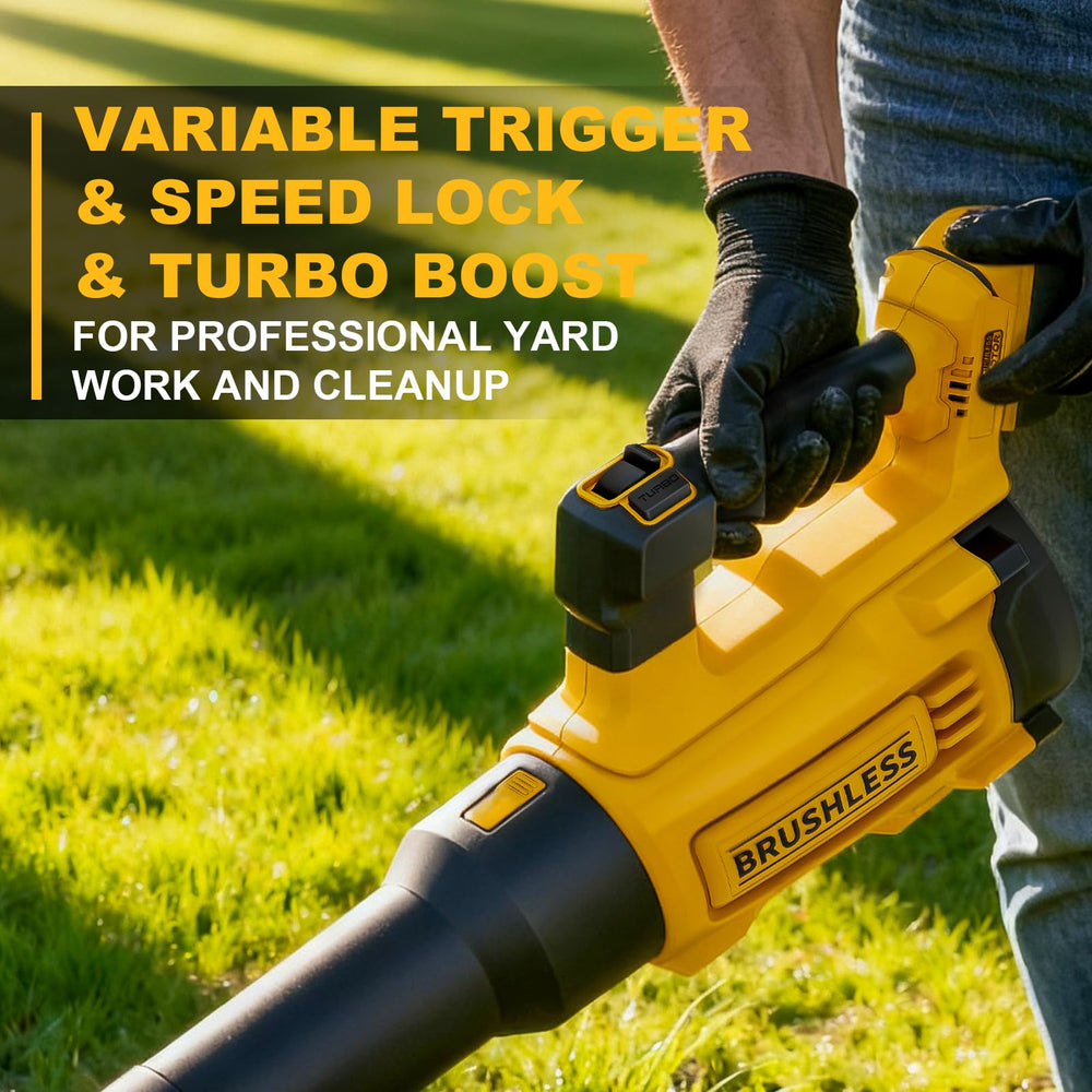 PWOKVEC blower with DeWALT 20V battery attached, demonstrates compatibility