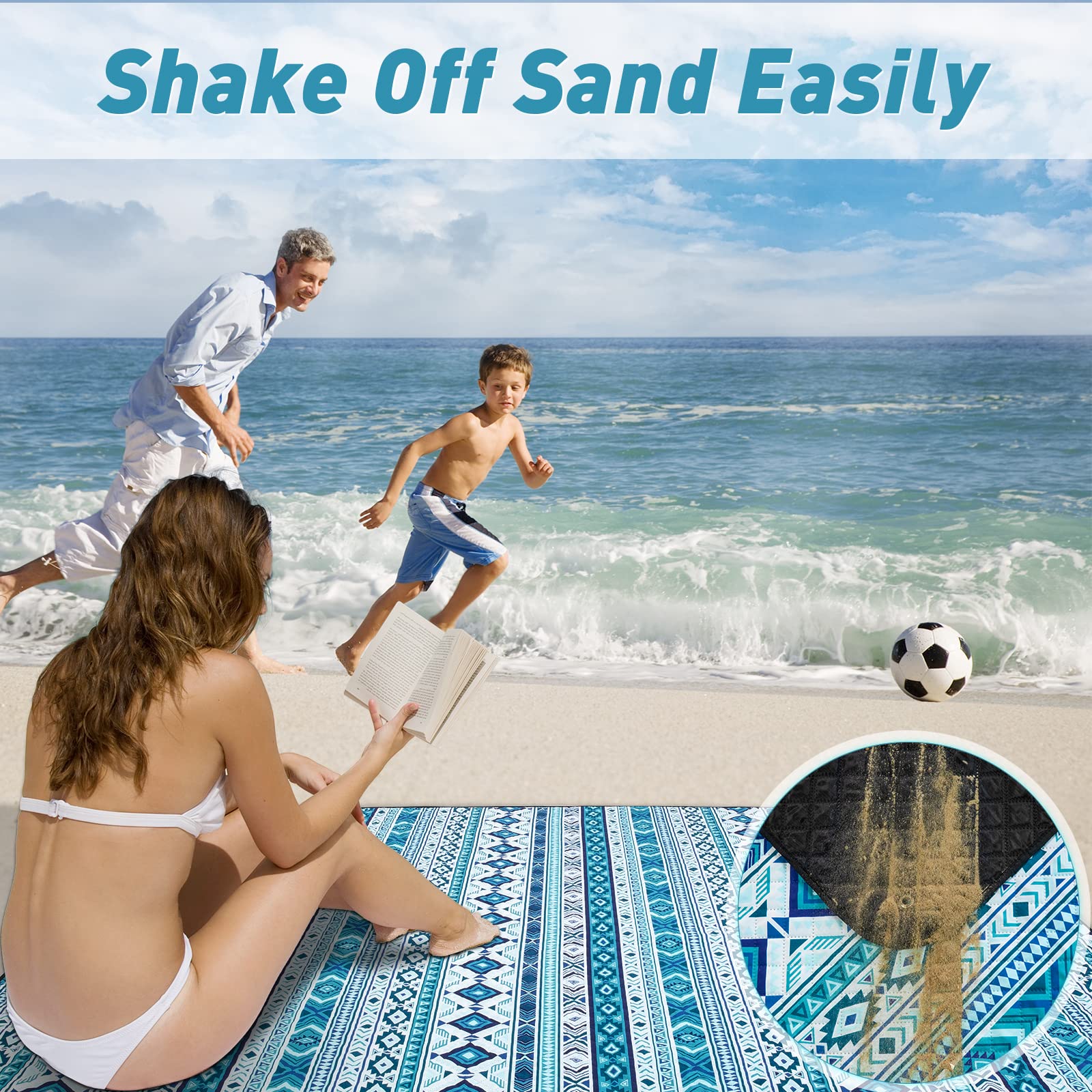 PY SUPER MODE family sitting on blanket at park enjoying dry, sand-free outdoor comfort