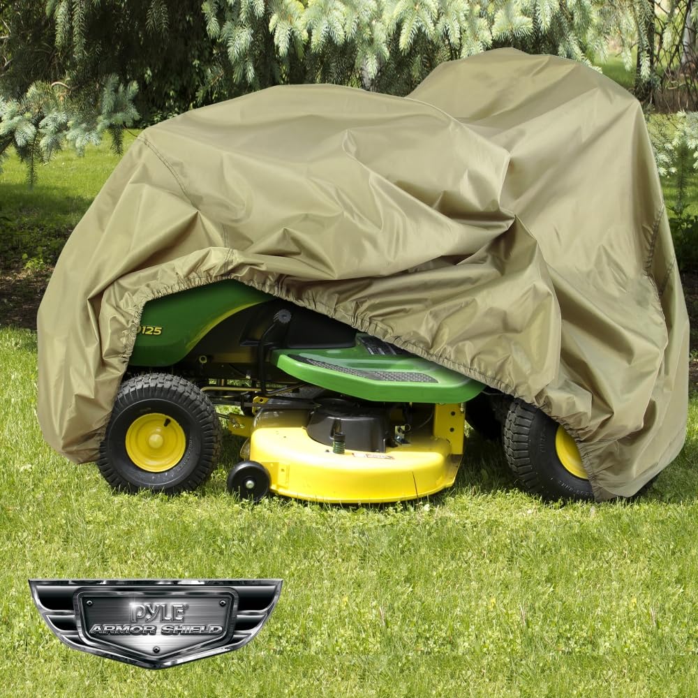 Pyle size comparison with person beside covered mower showing scale and fit