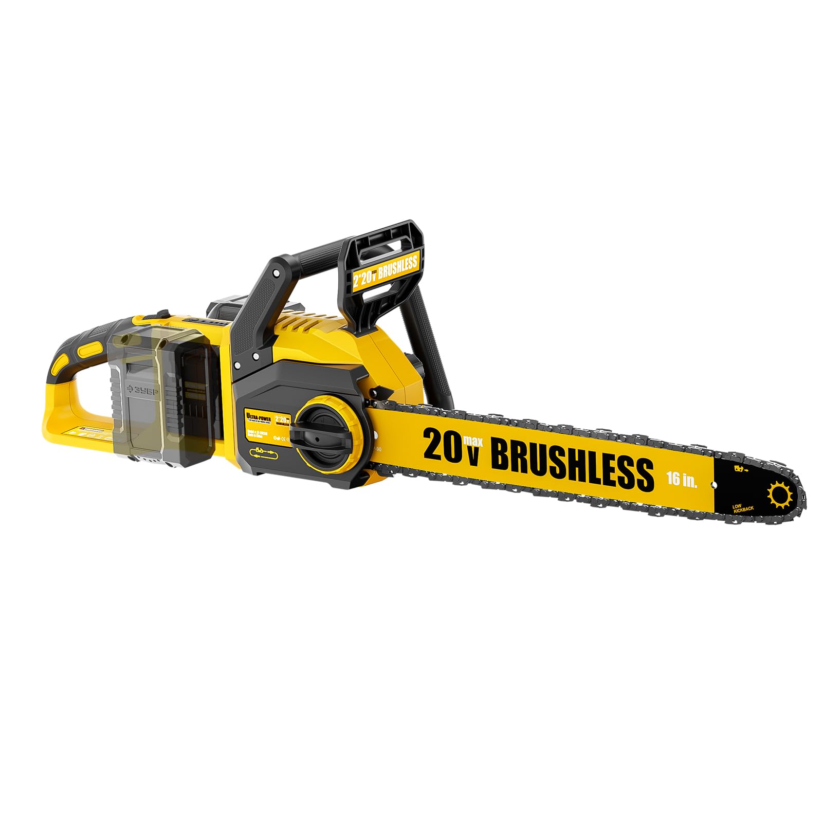 pyrcruax front view showing compact 16-inch chainsaw for powerful cordless cutting