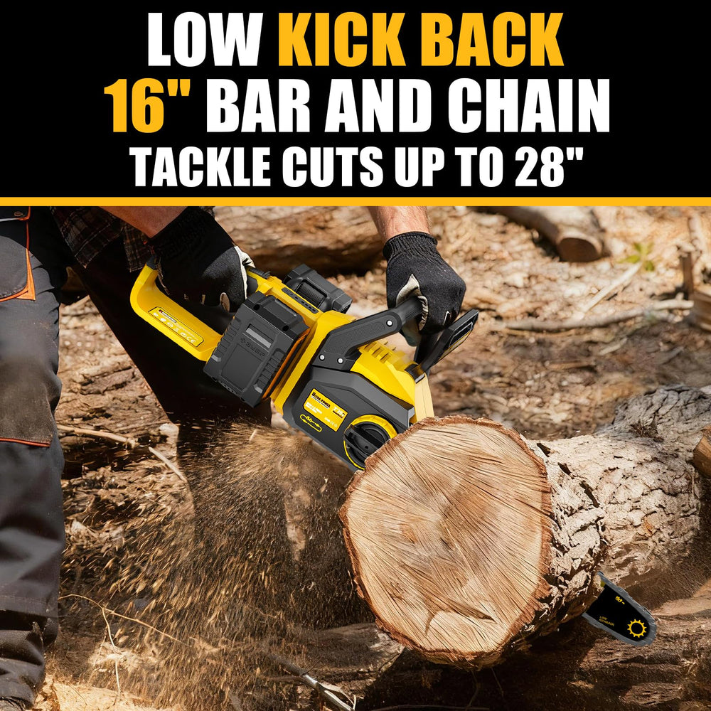 pyrcruax saw cutting a log demonstrating cordless power and easy yard cleanup