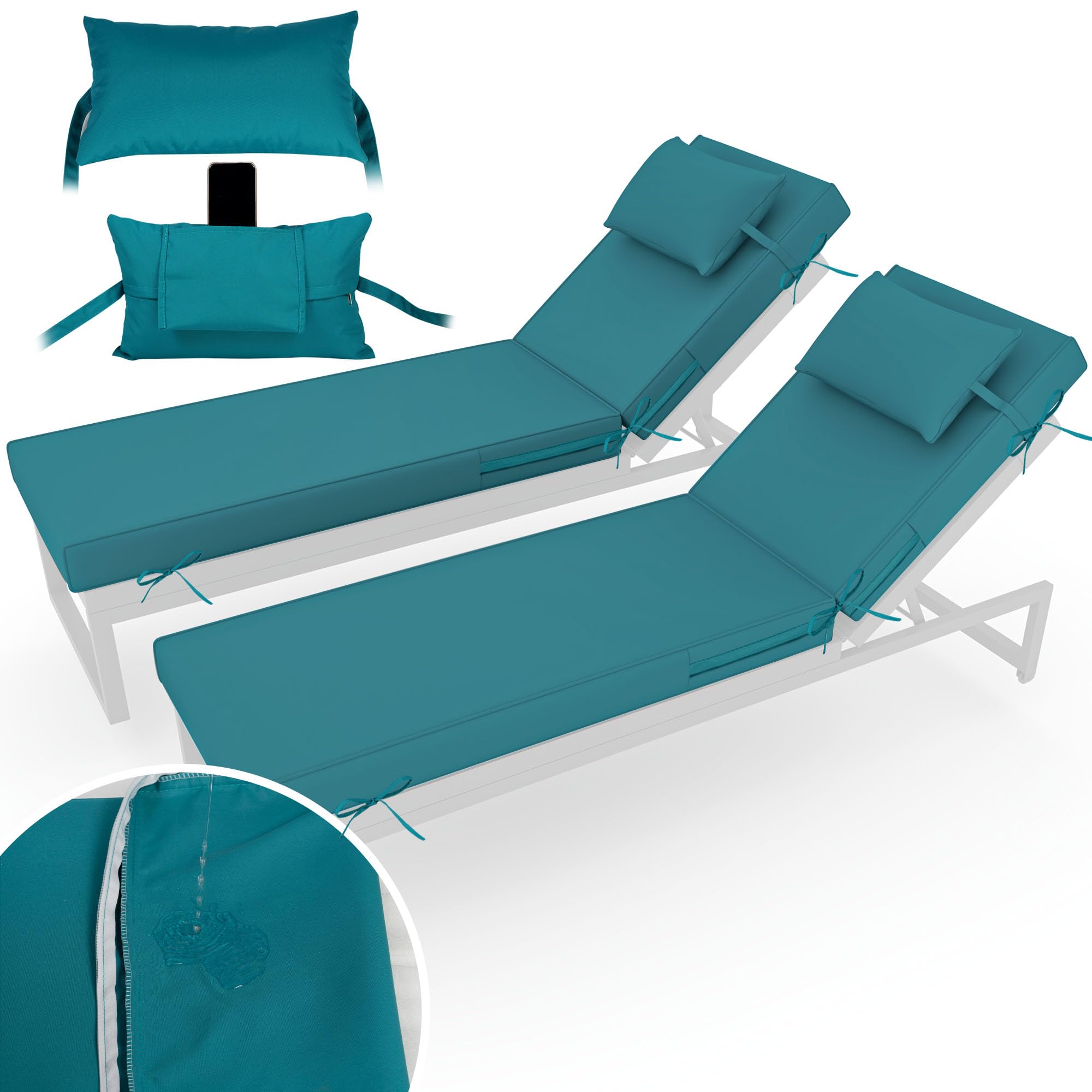 PZDJUMO front view showing turquoise cushions and fit for two chaise loungers, durable comfort