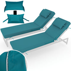 PZDJUMO front view showing turquoise cushions and fit for two chaise loungers, durable comfort