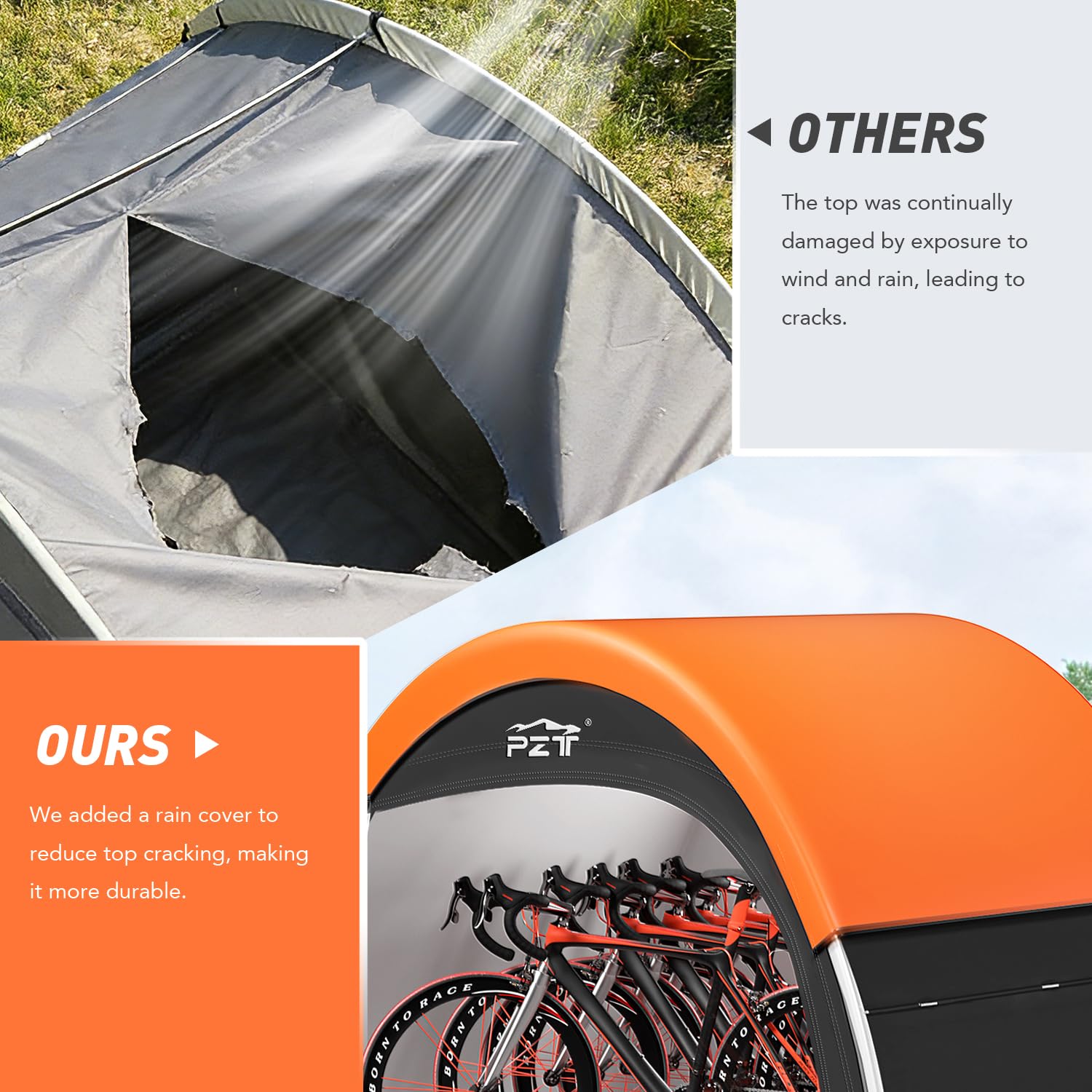 PZT close-up of upgraded top rain cover protecting tent seams