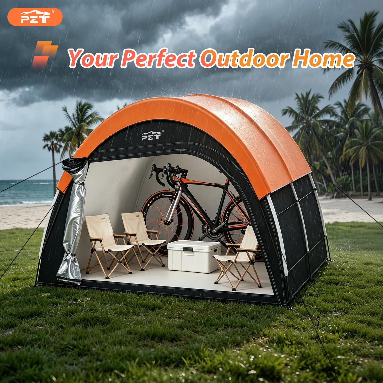 PZT yard lifestyle setup showing the shed protecting bikes and equipment