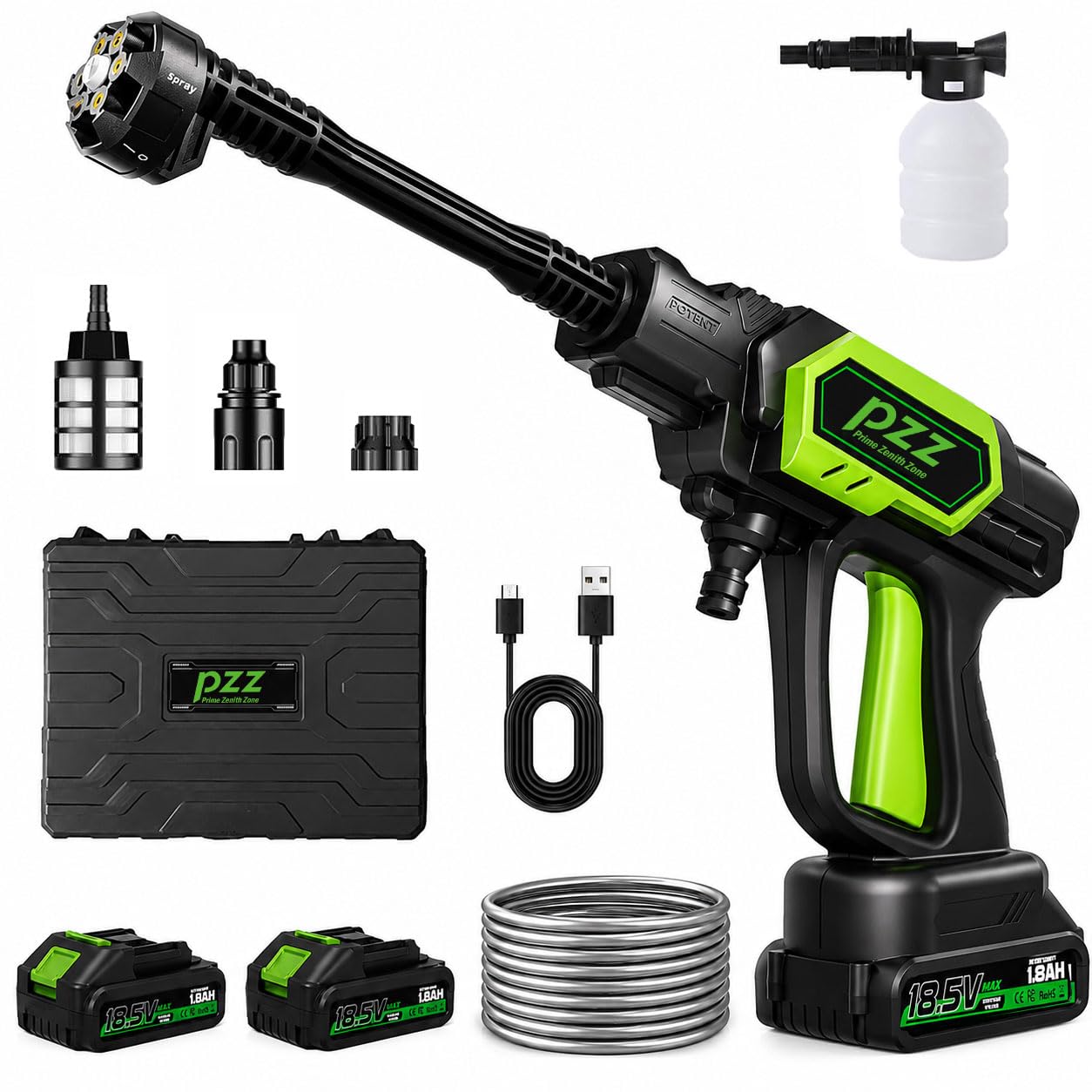 PZZ cordless pressure washer front view showcasing compact design and portability
