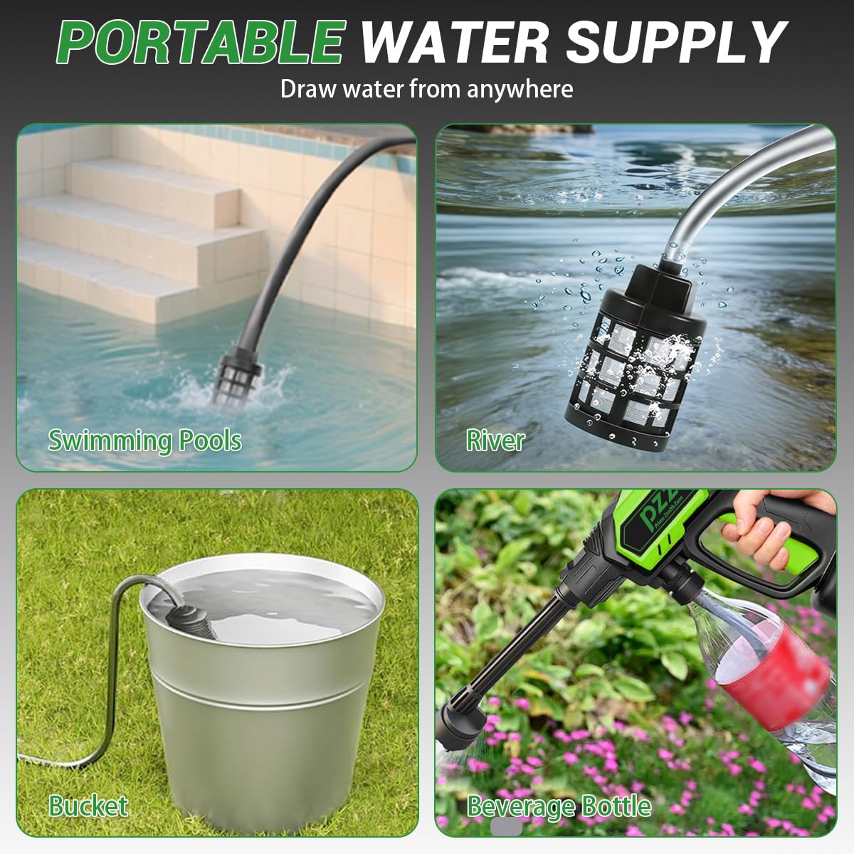 PZZ 17ft hose with weighted filter drawing water from a bucket for off-grid use
