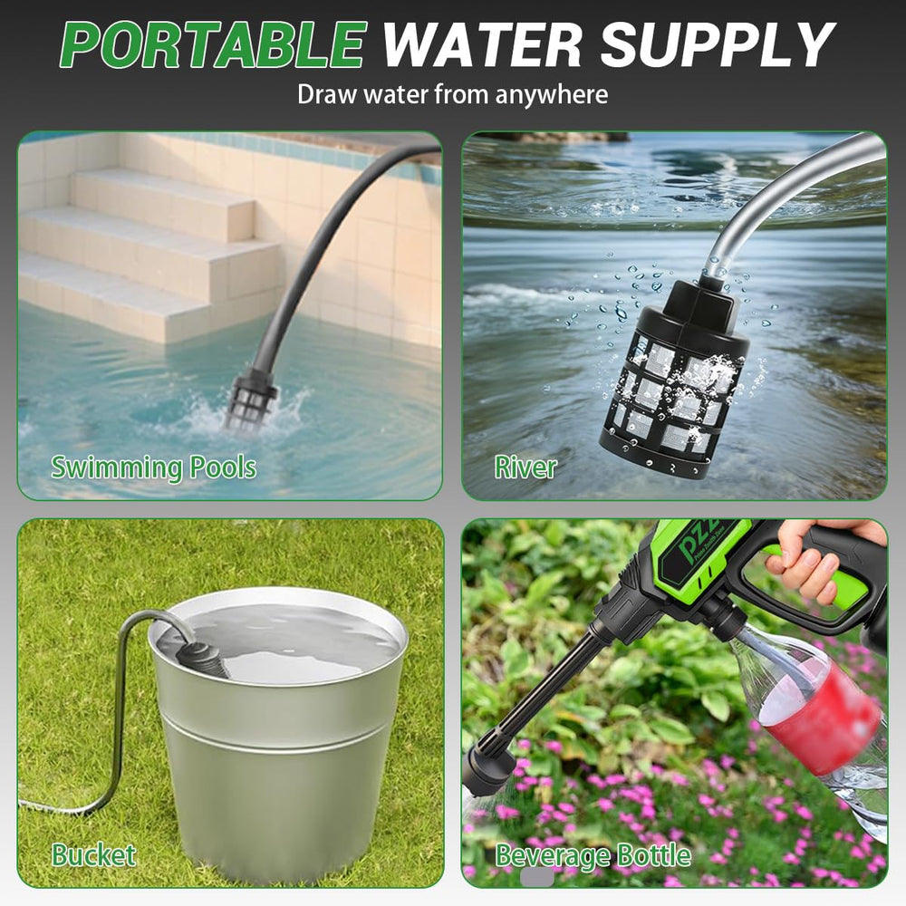 PZZ 17ft hose with weighted filter drawing water from a bucket for off-grid use