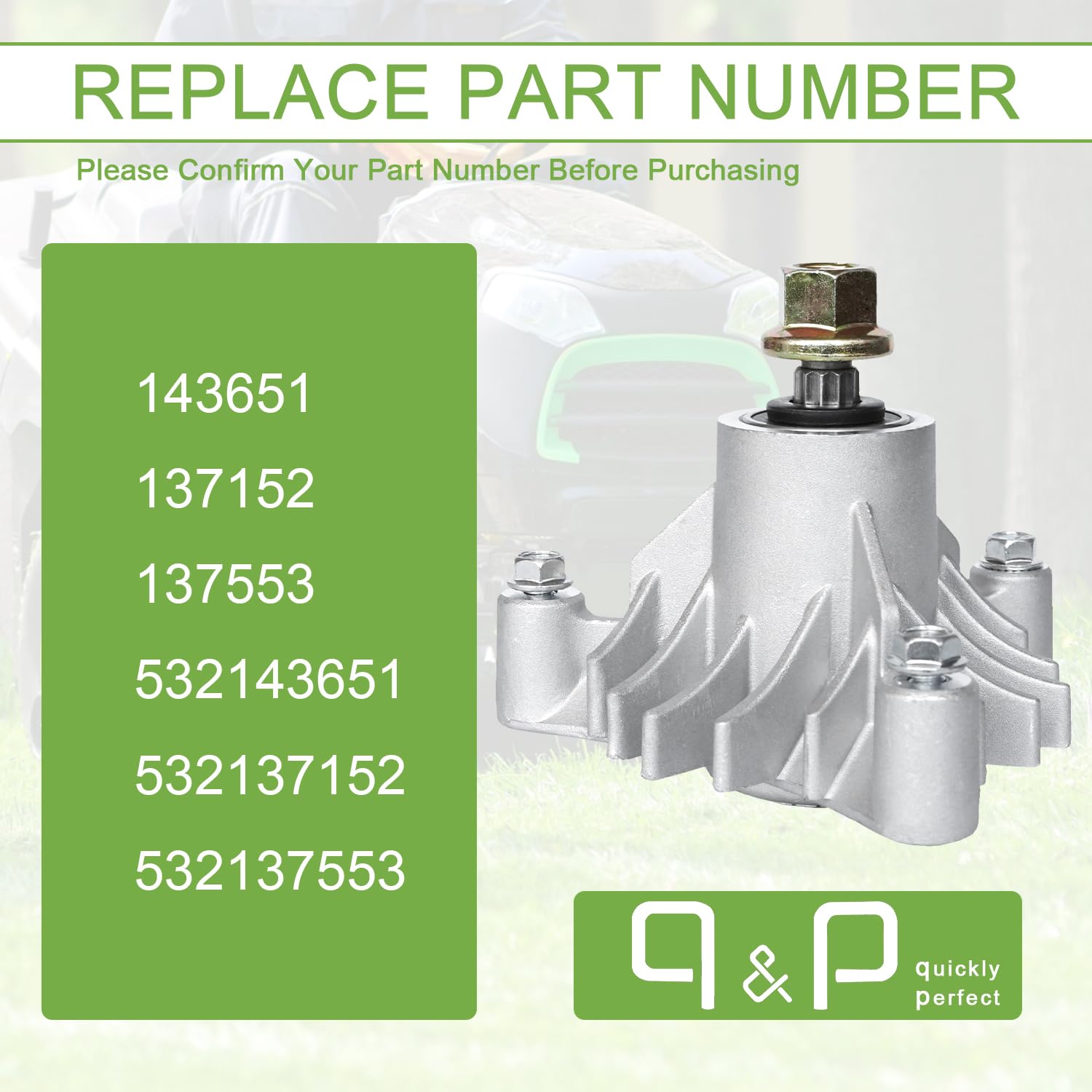 q&p spindle installed on mower deck demonstrating correct fit and stability