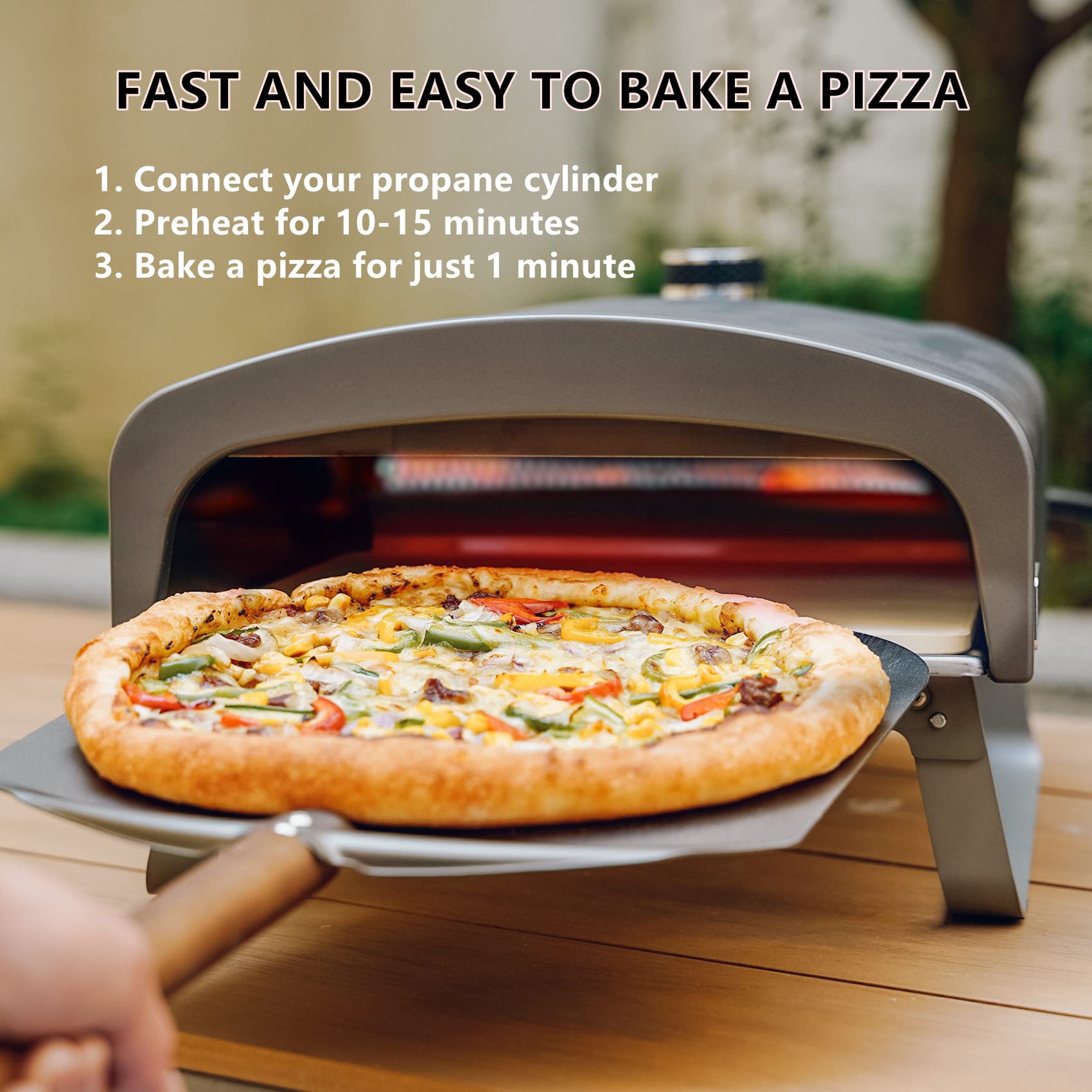 Q Pizza PS100 side profile with connected propane tank highlighting portable fuel setup