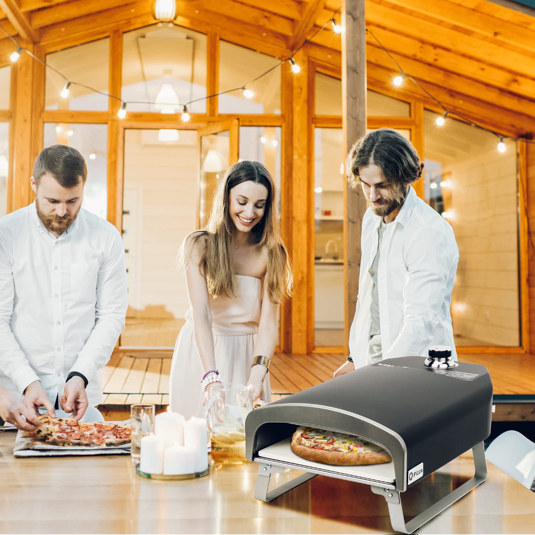 Q Pizza PS100 beside a backpack to show portable scale and travel convenience