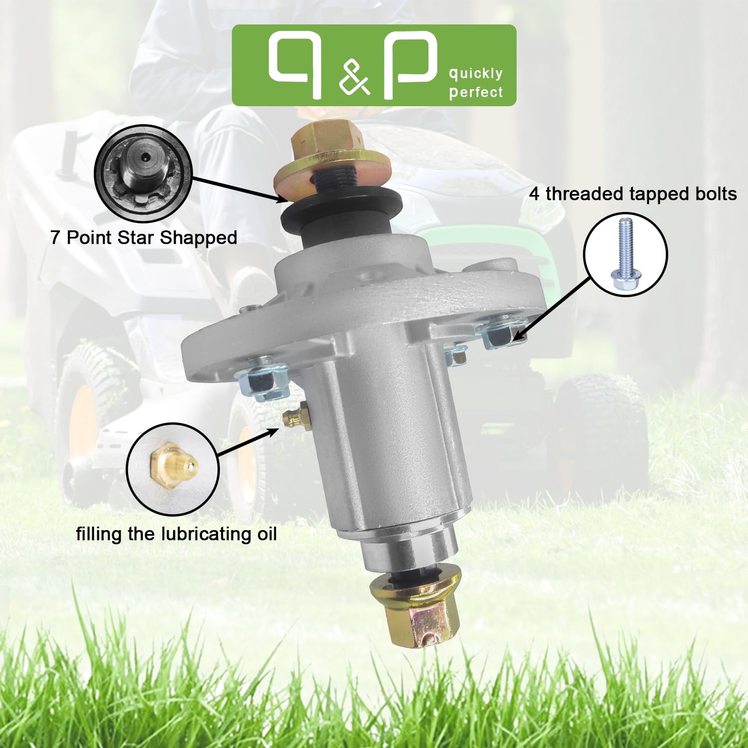 q&p spindle installed on mower deck demonstrating correct fit and alignment benefit