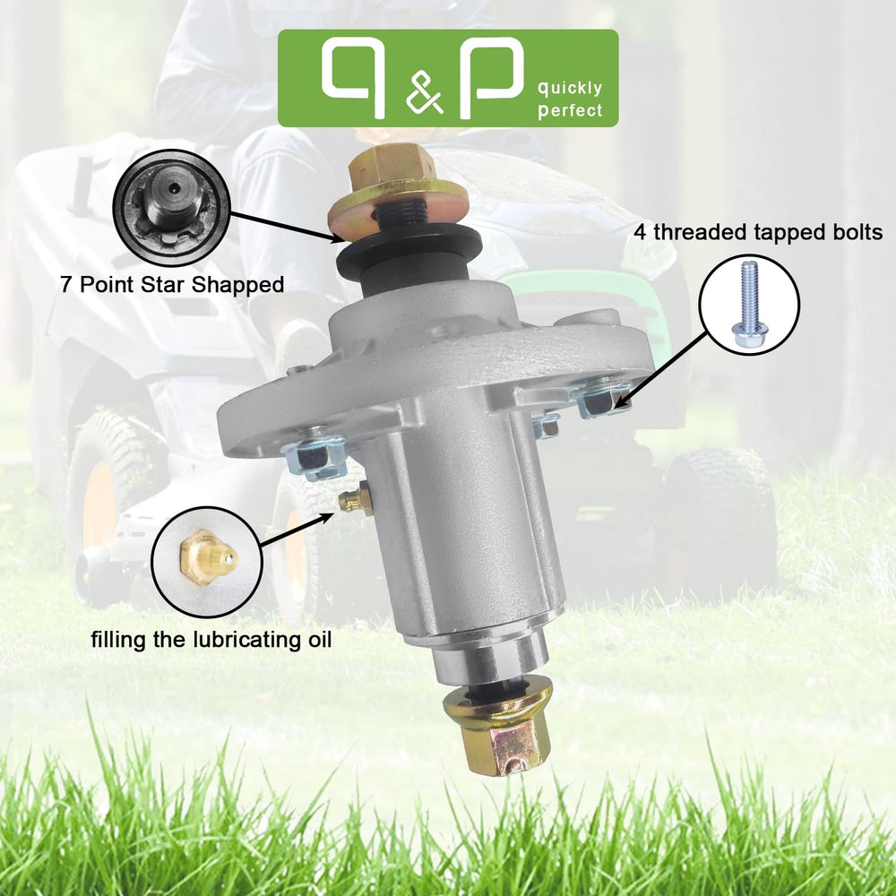 q&p spindle installed on mower deck demonstrating correct fit and alignment benefit