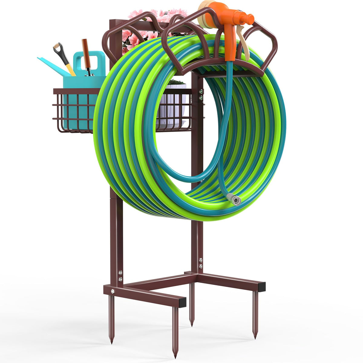 Qatsrin bronze hose holder front view showing stable reel and basket benefit tidy storage