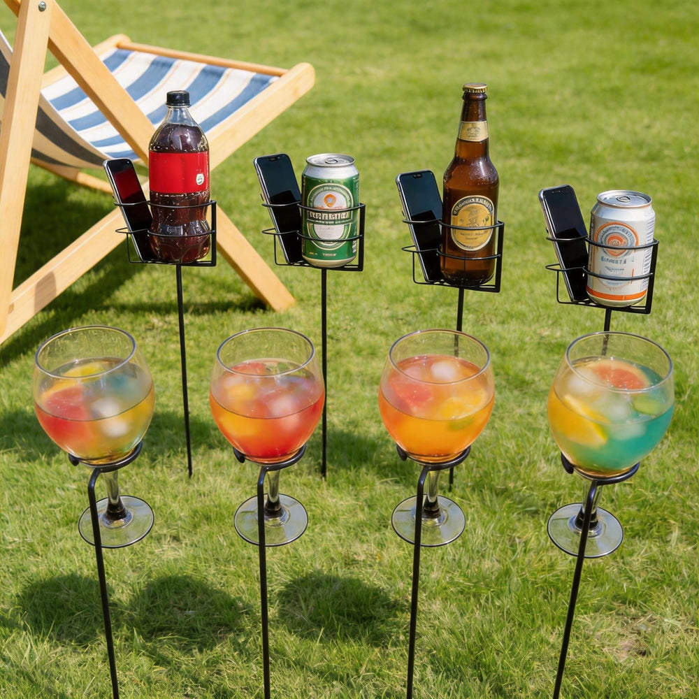 QCF patio setup with stakes holding drinks and phone for convenience