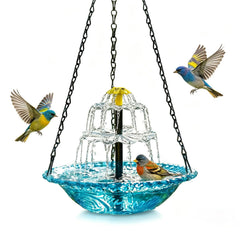 QCHENKOMI front view showing blue hanging bird bath and stylish silhouette benefit: decorative focal point