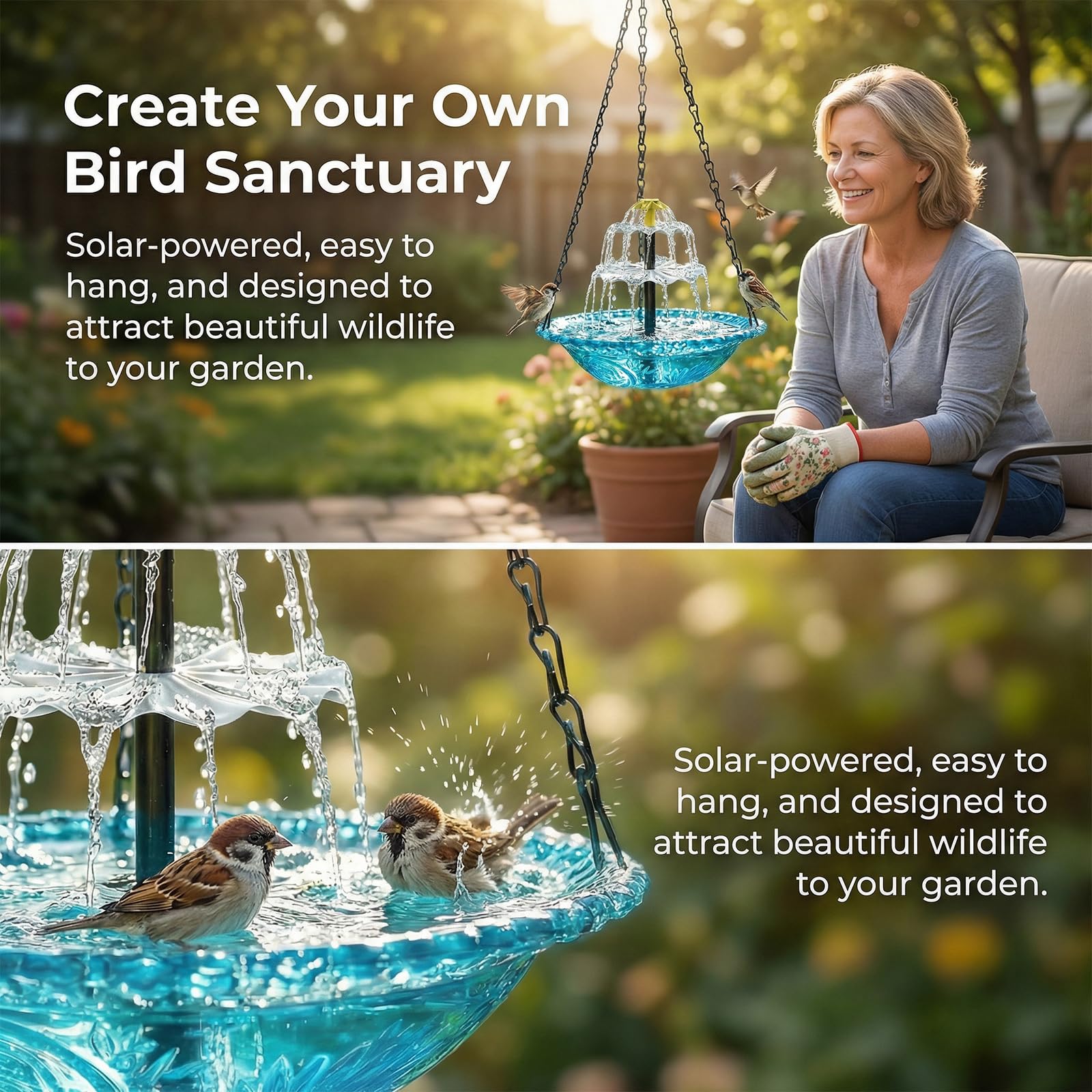 QCHENKOMI cascading water flow in motion benefit: attracts birds with gentle sound