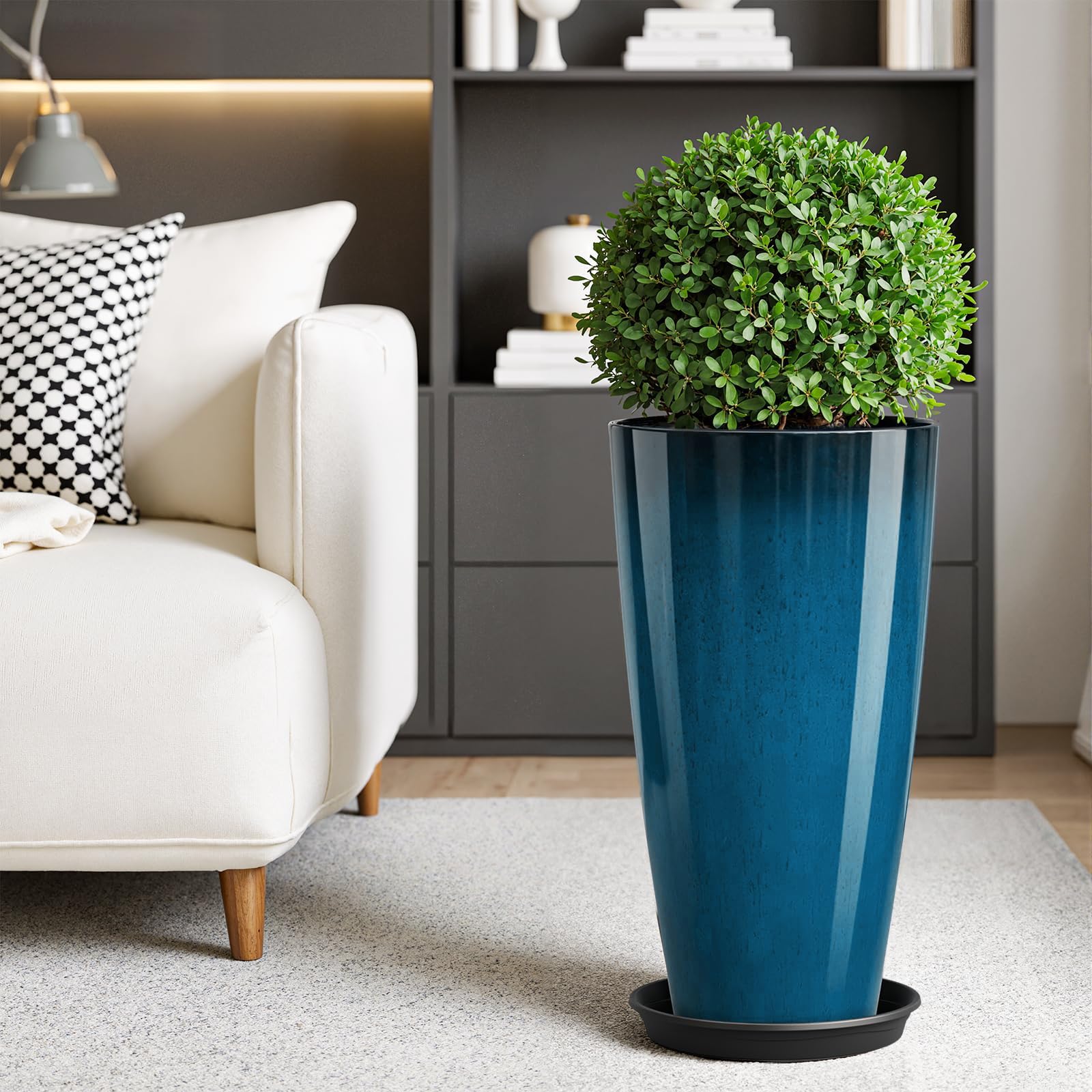 QCQHDU planter next to foot for scale showing true 21-inch height clarity