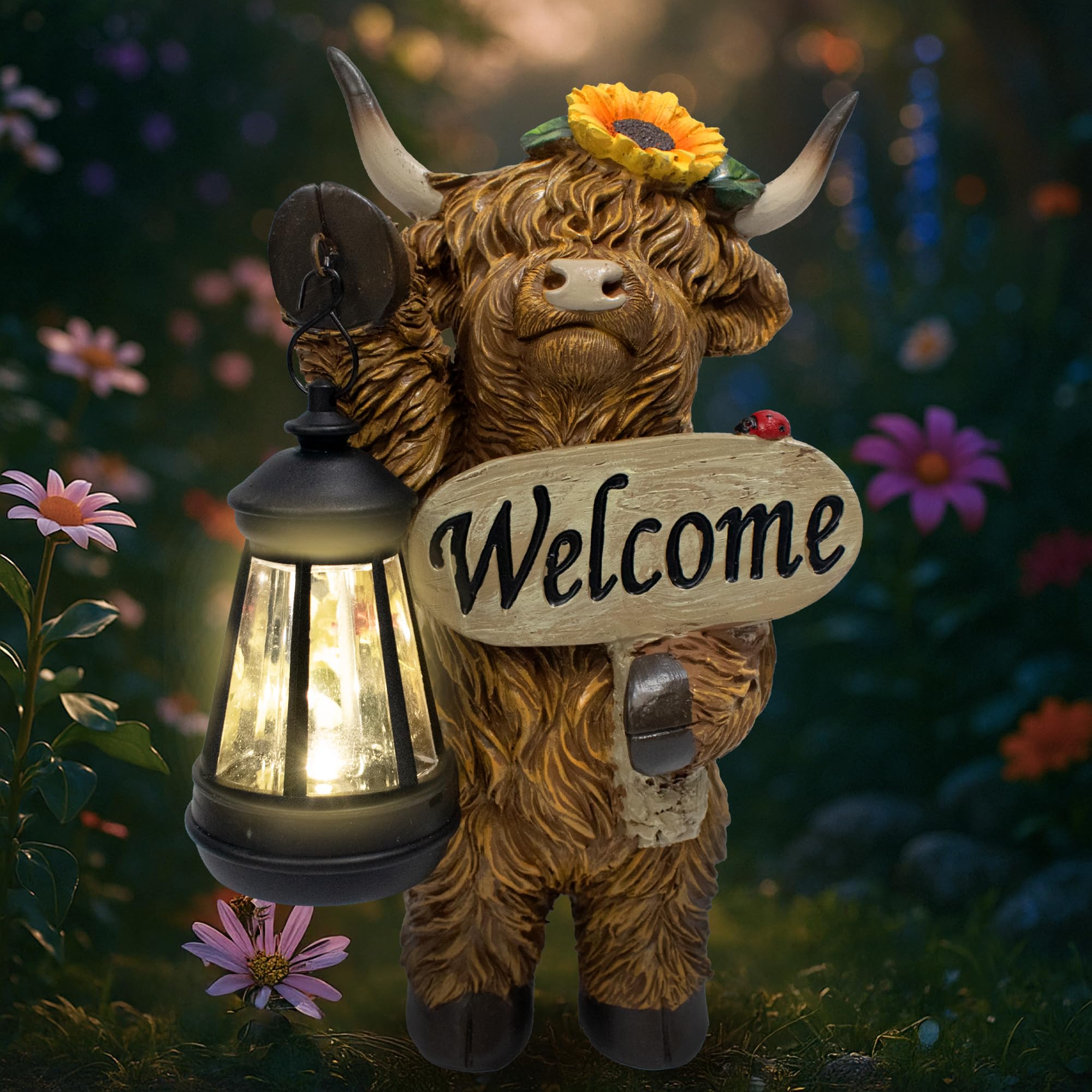 Qcxeulyo front view of highland cow statue showing welcoming lantern benefit