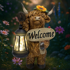 Qcxeulyo front view of highland cow statue showing welcoming lantern benefit