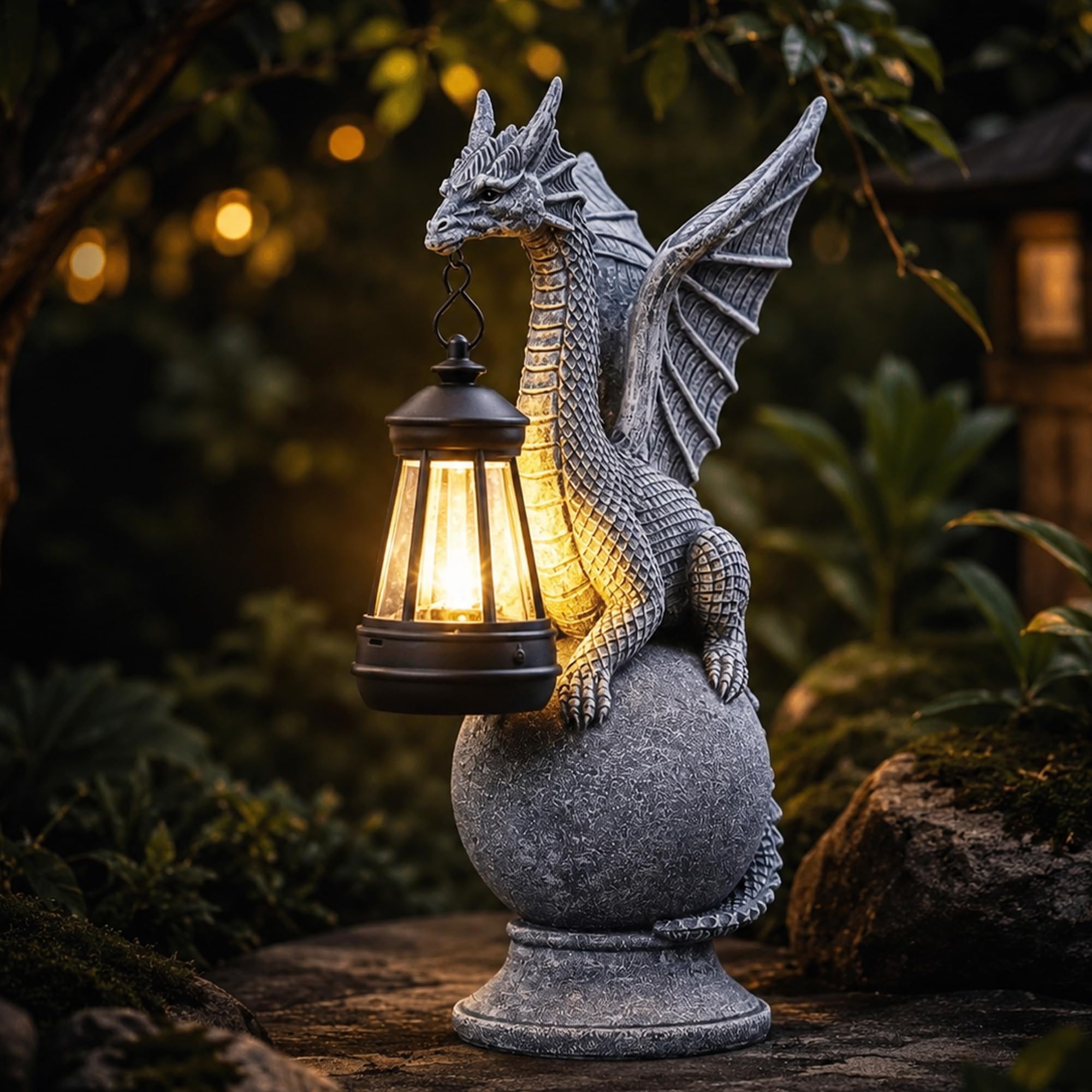 Qeeman front view of dragon statue showing lantern and sculpted detail for curb appeal