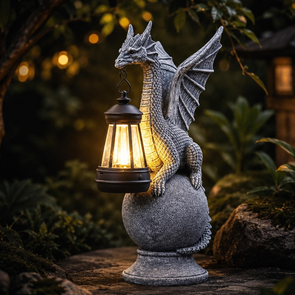 Qeeman front view of dragon statue showing lantern and sculpted detail for curb appeal