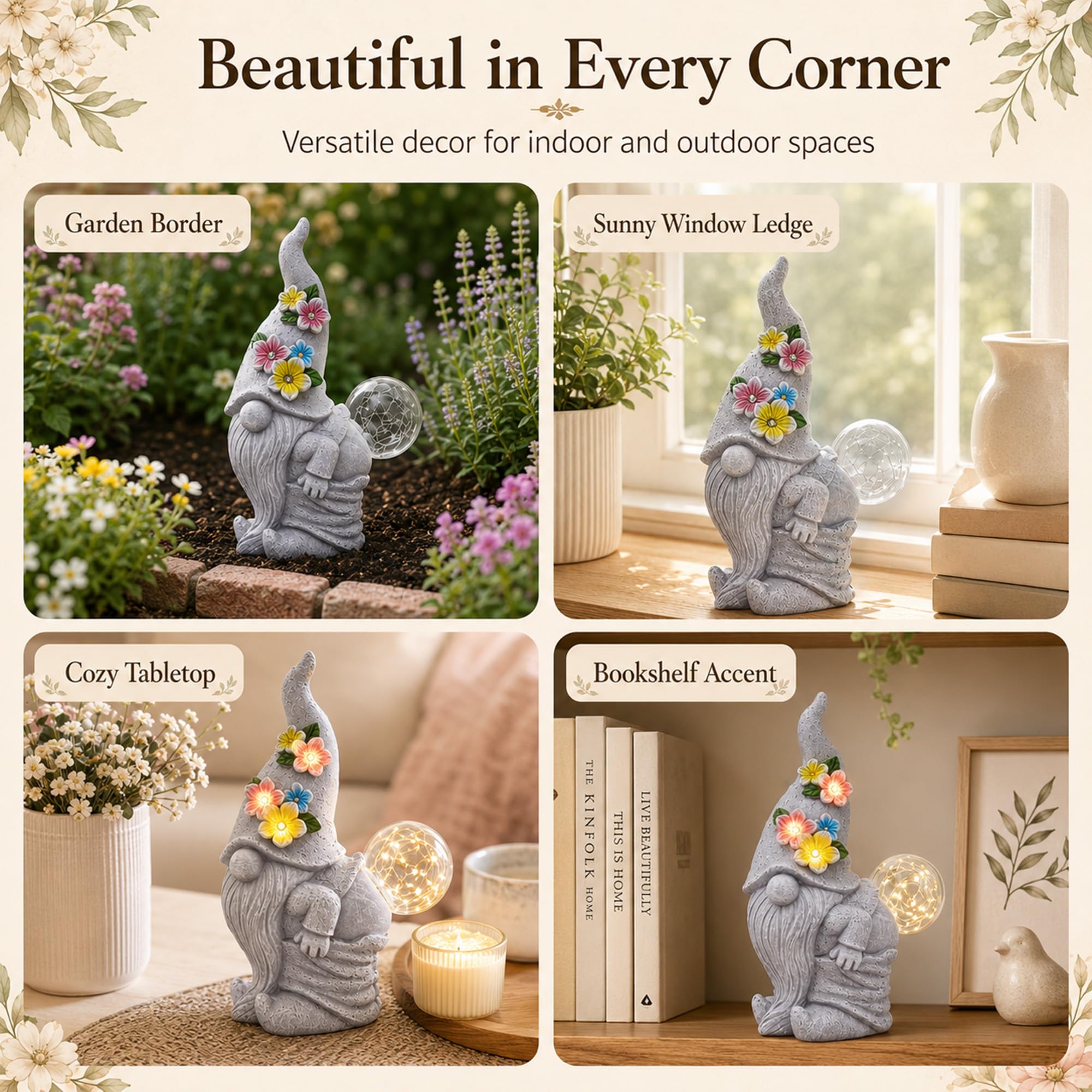 Qeeman gnome on patio with seating illustrating decorative lifestyle use