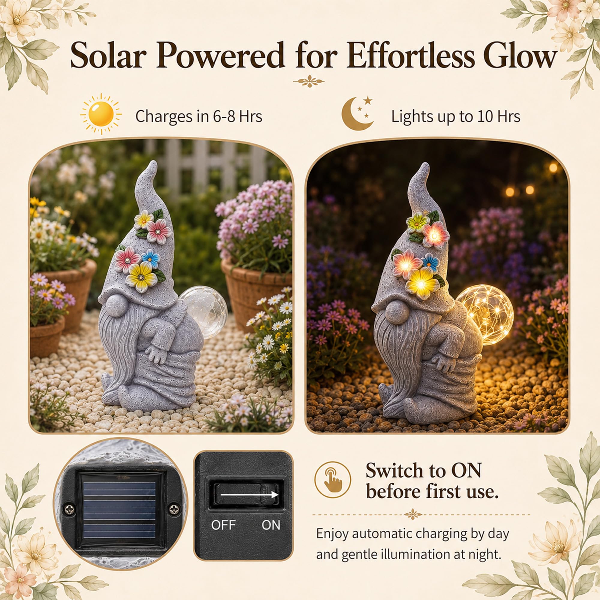 Qeeman gnome glowing at night providing soft ambient outdoor light