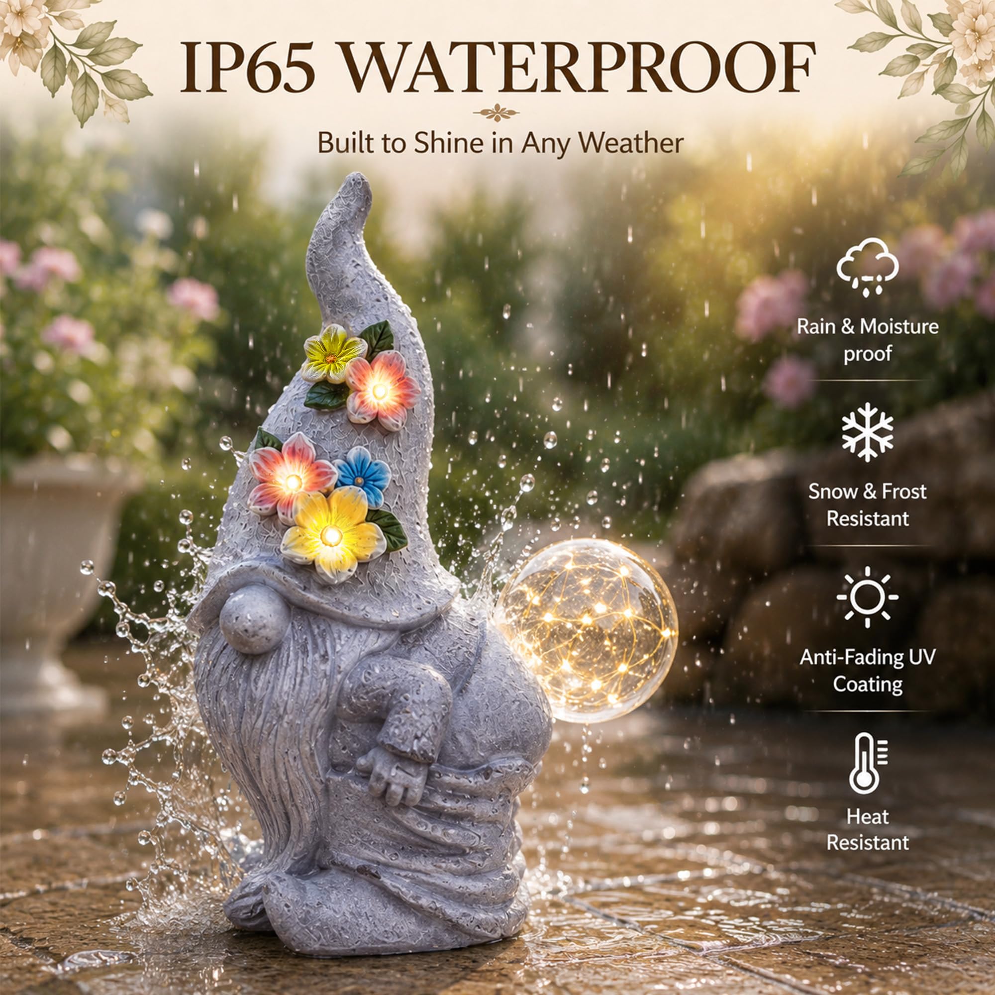 Qeeman gnome finish in rain showing UV-resistant, weatherproof protection