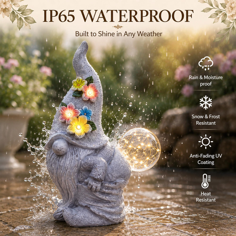 Qeeman gnome finish in rain showing UV-resistant, weatherproof protection