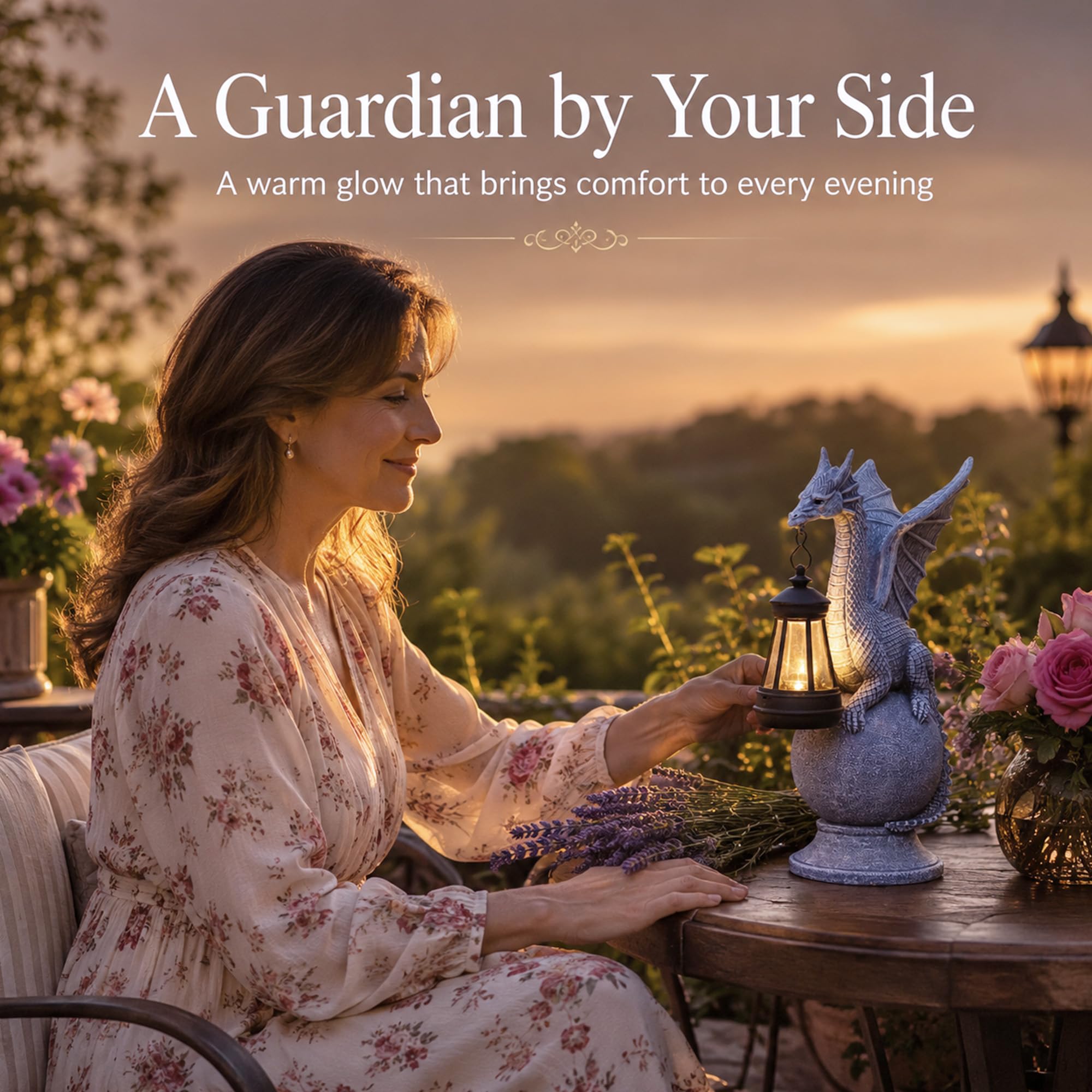 Qeeman on a porch step creating welcoming entryway ambience with solar glow