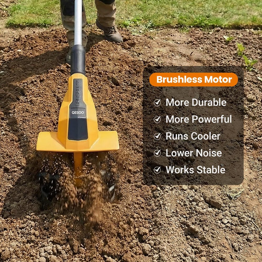 QESOO tiller in garden breaking soil quickly for faster bed prep