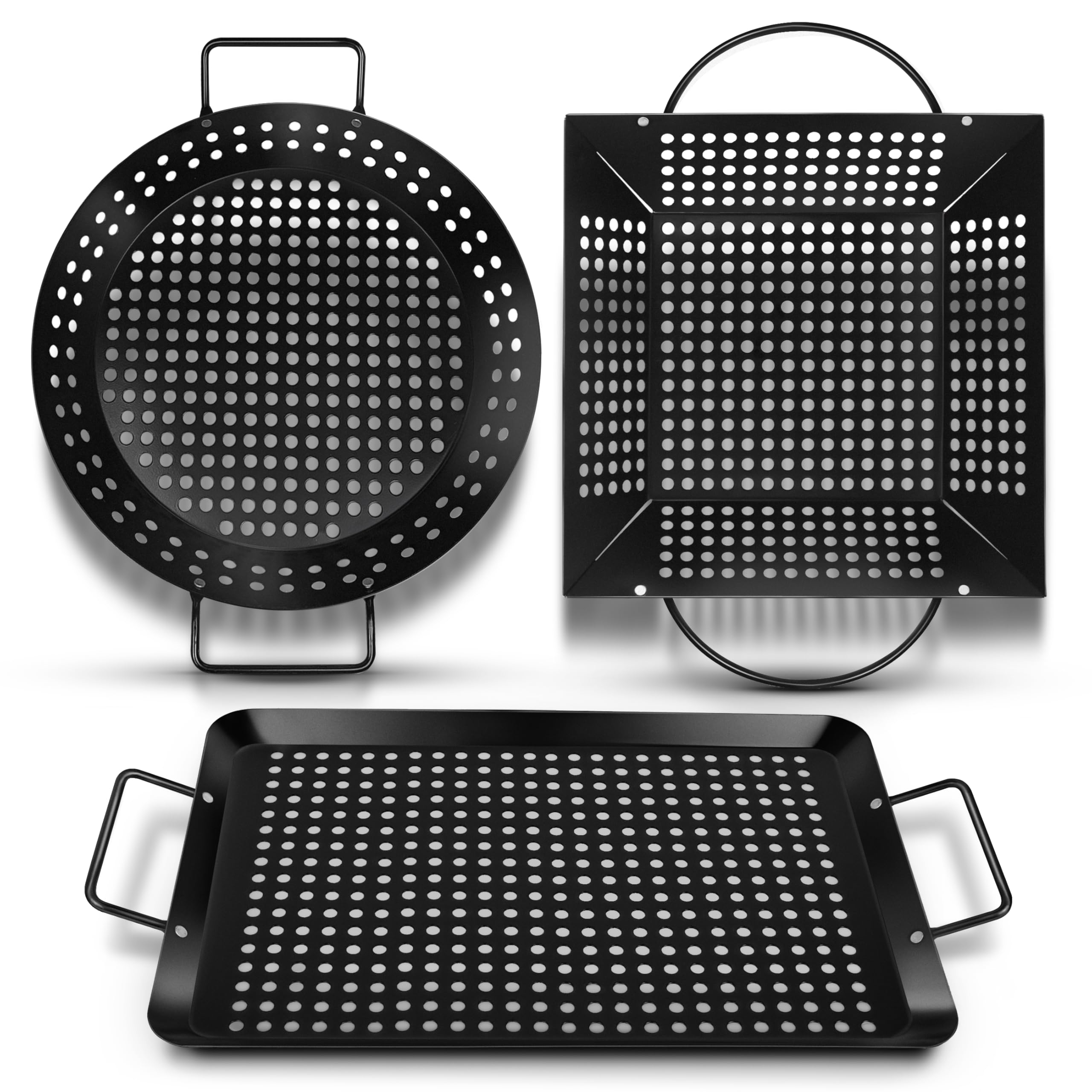 Qetumst three-piece grill basket set front packaging showing family-sized advantage