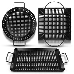 Qetumst three-piece grill basket set front packaging showing family-sized advantage