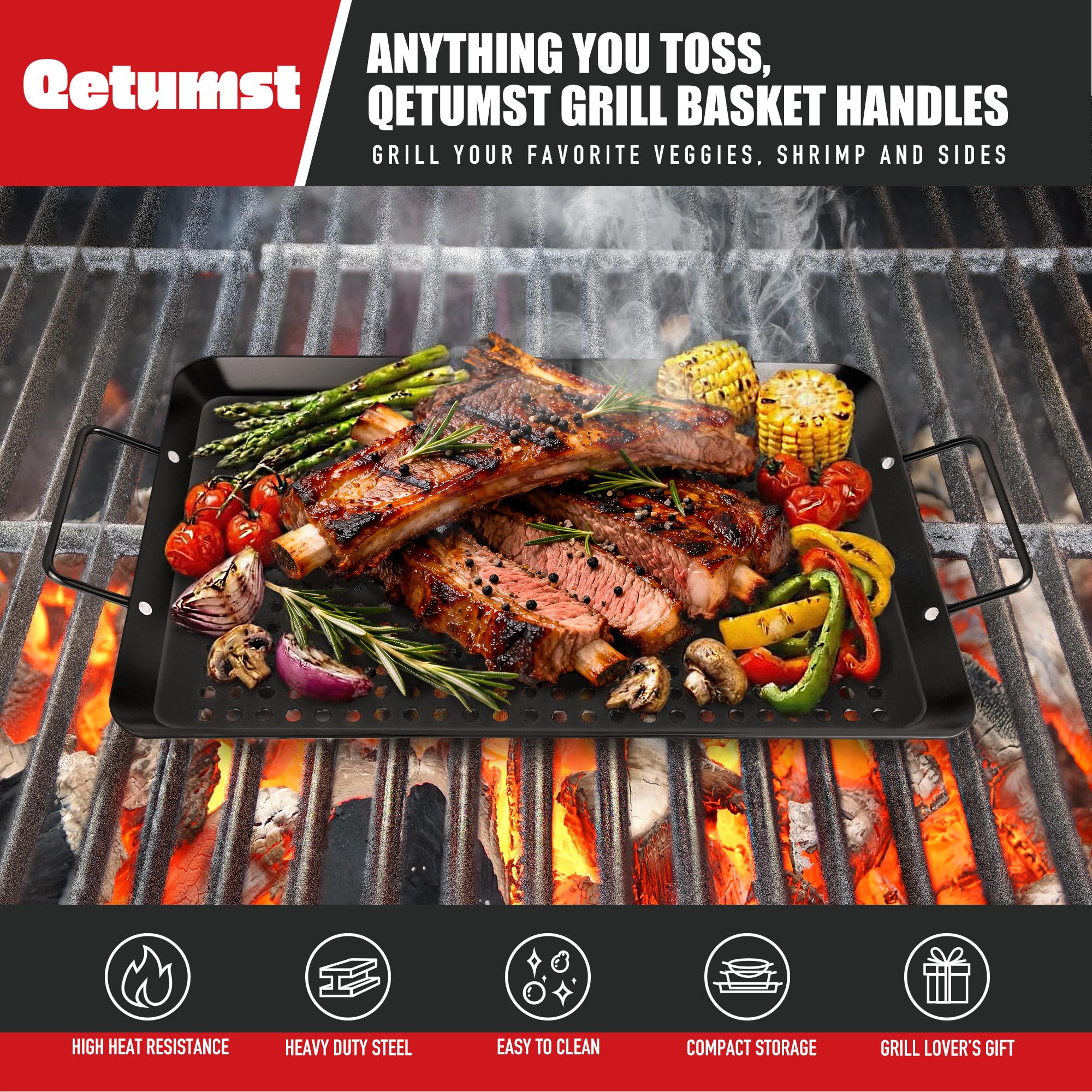 Qetumst rectangular basket top view with slotted surface for even grilling