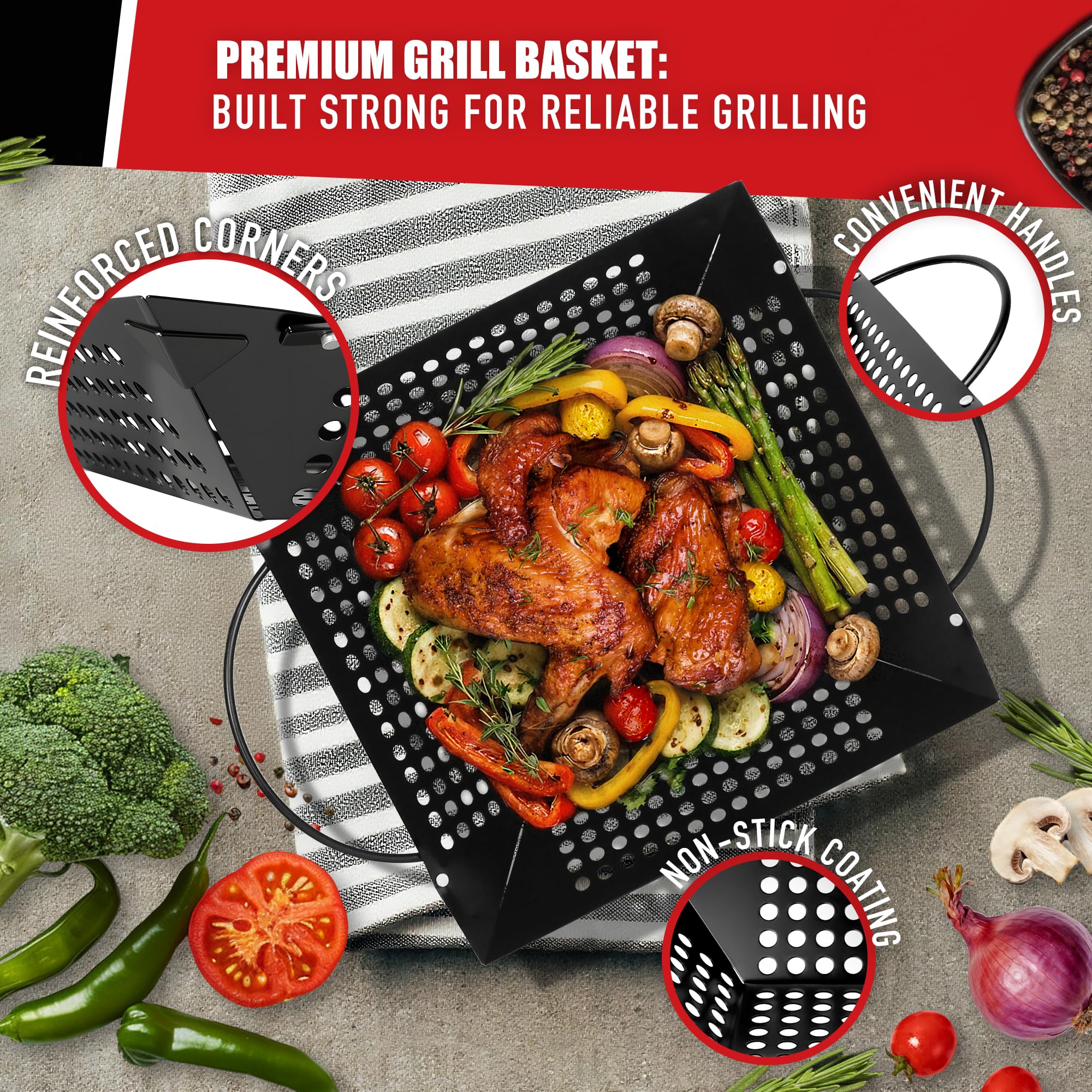 Qetumst round basket placed on charcoal grill adding smoky flavor