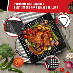 Qetumst round basket placed on charcoal grill adding smoky flavor