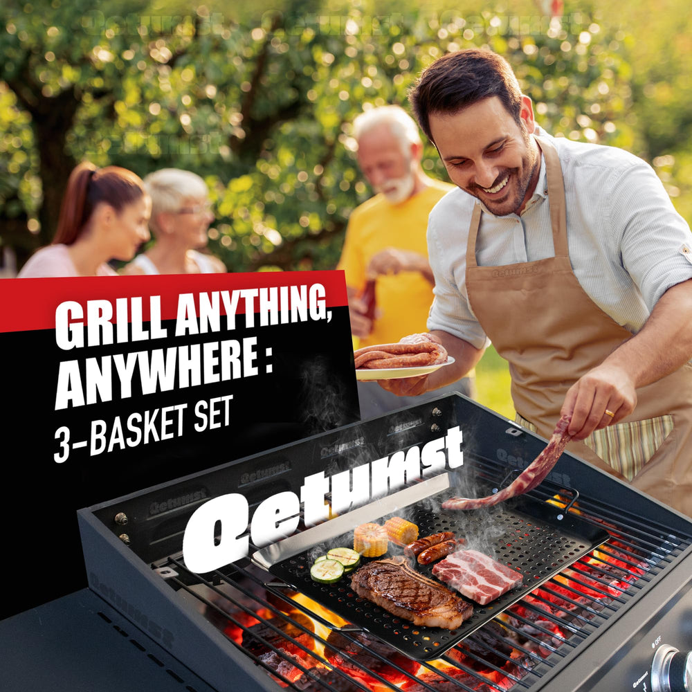 Qetumst baskets next to grill tools showing scale and generous capacity