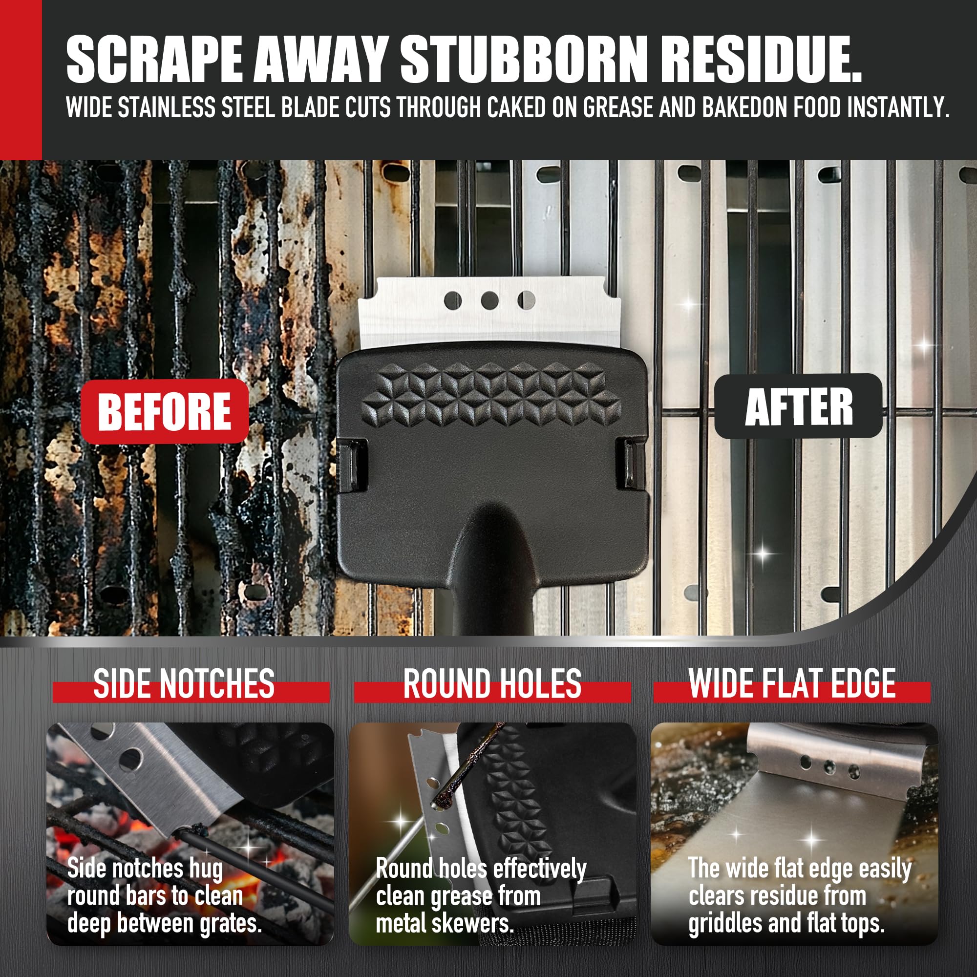 Qetumst brush in use on porcelain grate removing baked-on grease effectively