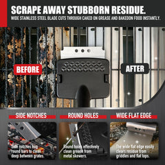 Qetumst brush in use on porcelain grate removing baked-on grease effectively