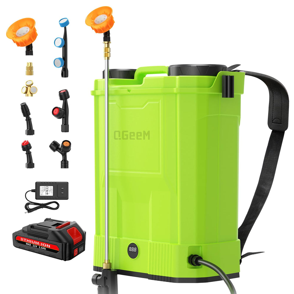 QGeeM backpack sprayer front view showing ergonomic shape and controls for comfortable use