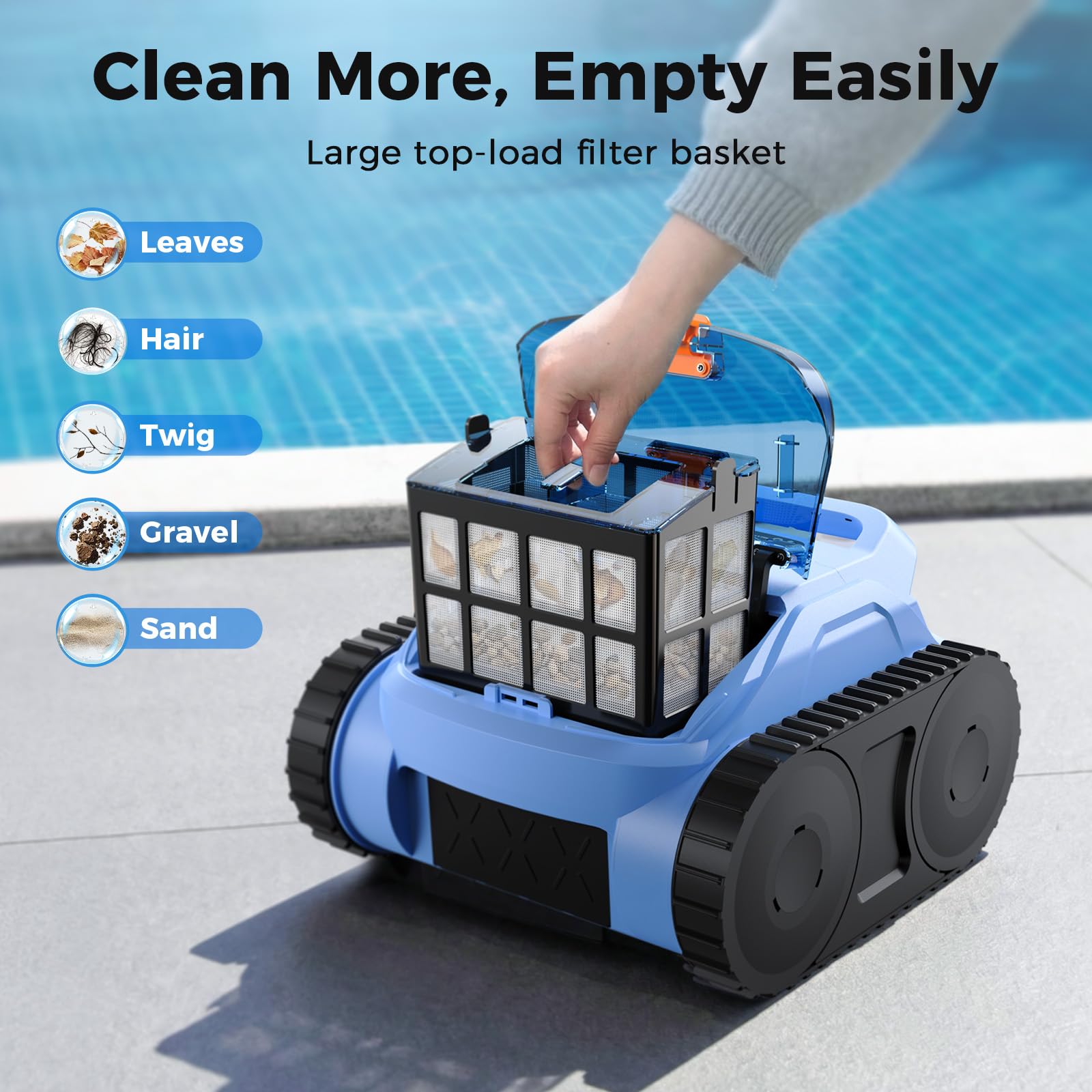 QGeeM open filter compartment showing simple debris removal benefit