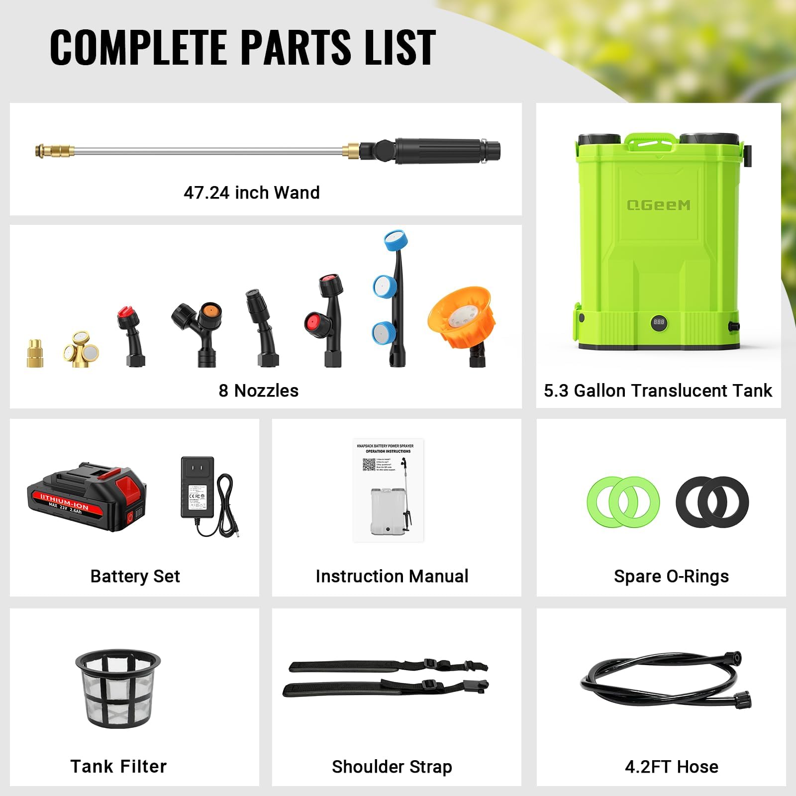 QGeeM backpack sprayer next to a gallon jug showing 5.3 gallon capacity scale
