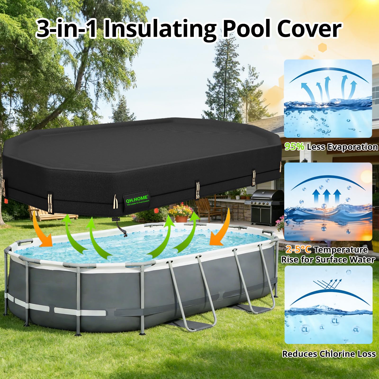 QH.HOME covered pool in backyard lifestyle shot showing cleaner maintenance