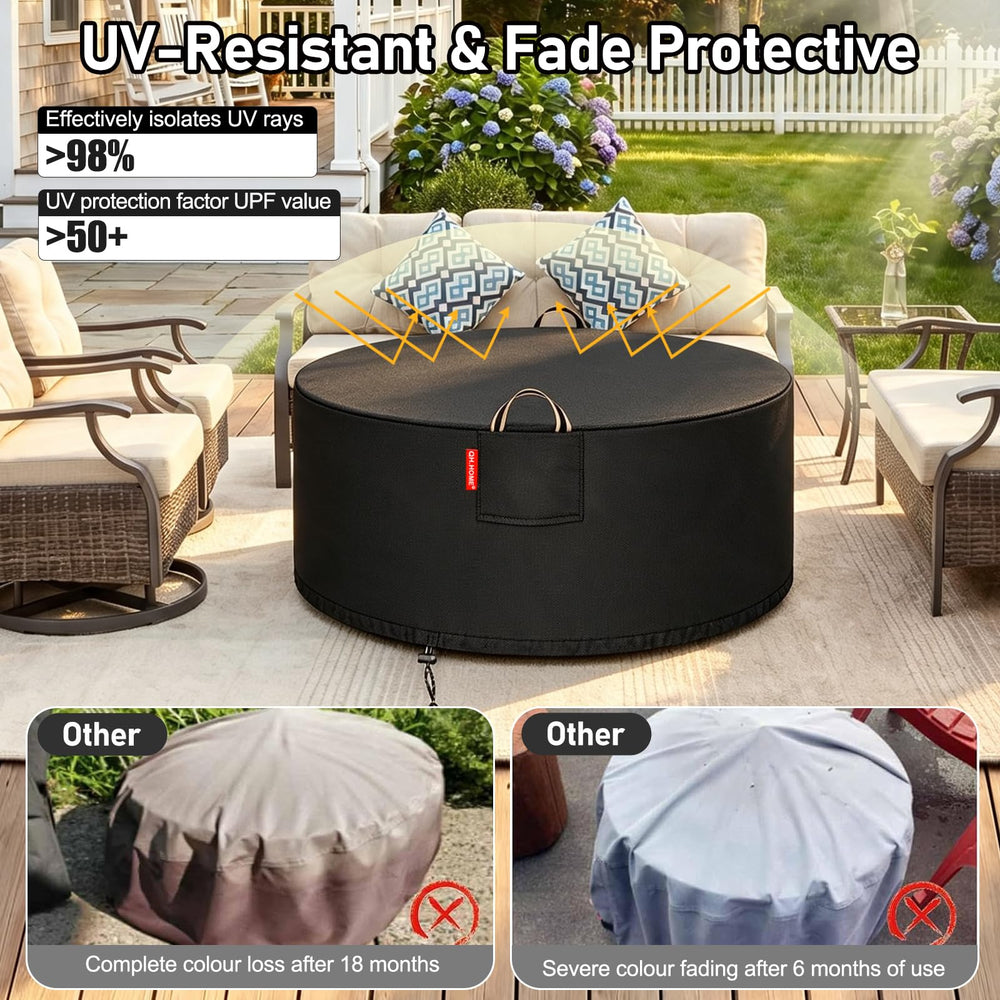 QH.HOME cover installed on a round fire pit, full waterproof protection