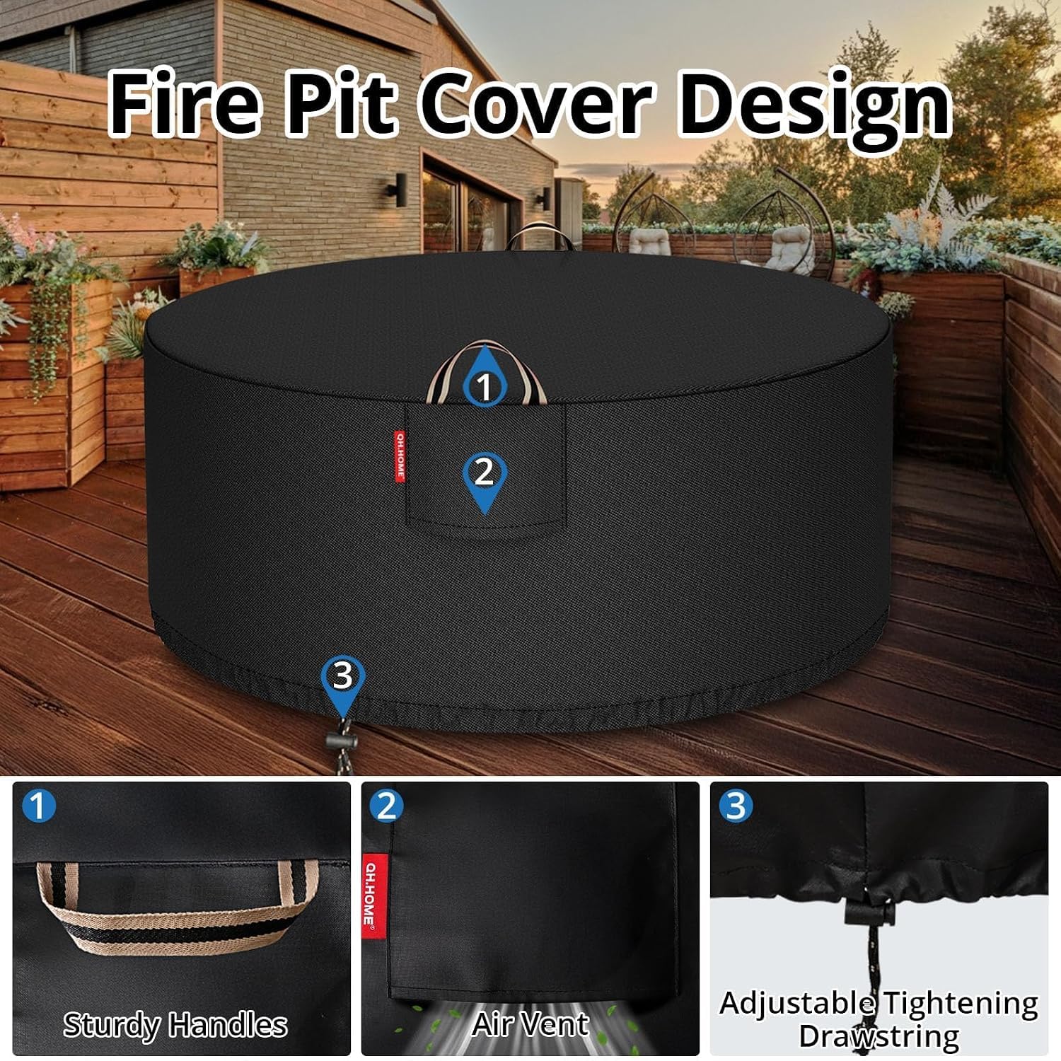 QH.HOME lifestyle patio setting with covered fire pit, keeps outdoor furniture ready