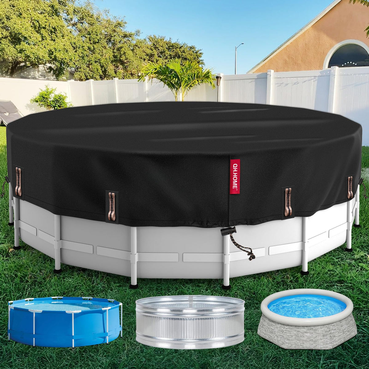 QH.HOME front view of round pool cover showing protective fit and brand durability benefit
